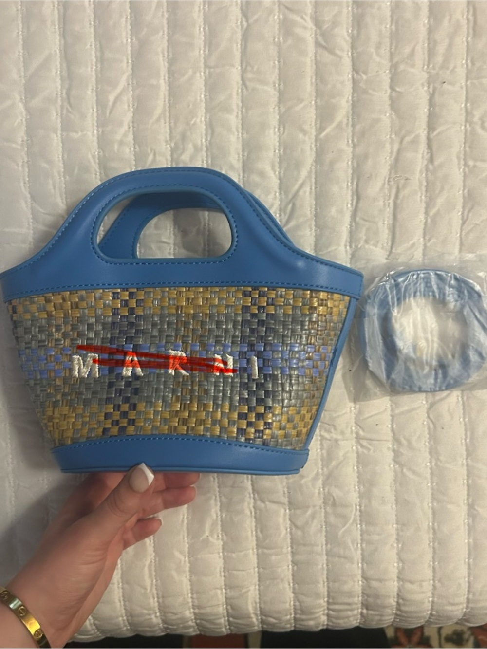 Blue Woven Mini Tote Bag with Top Handles